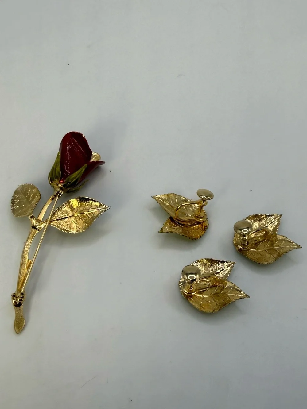 Vintage Red Rose Brooch & Matching Leaf Clip Earrings Gold Tone Floral Set